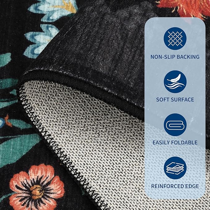 GarveeHome Floral Rug 2.5x10 Runners for Hallways, Boho Kitchen Runner Rugs Non Slip Bath Runners, Vintage Washable Runner Rug for Bedroom, Soft Long Rugs for Entryway Bathroom Laundry Dorm, Black