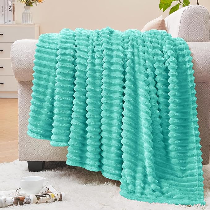 BEDELITE Fleece Blanket Twin Size – 3D Ribbed Jacquard Soft and Warm Decorative Fuzzy Blankets – Cozy, Fluffy, Plush Lightweight Throw Blankets for Couch, Bed, Sofa(Aqua, 60x80 inches)