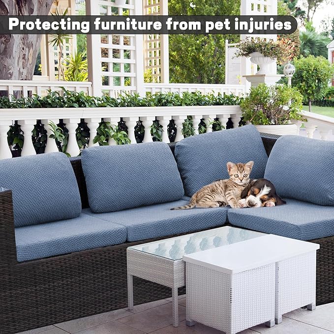 8Pcs Outdoor Cushion Covers,Patio Cushion Covers,Stretch Elastic Slipcovers,Replacement Washable & Reusable Furniture Protector for Patio Couch,Jacquard Textured Twill Fabric(Grey Blue)