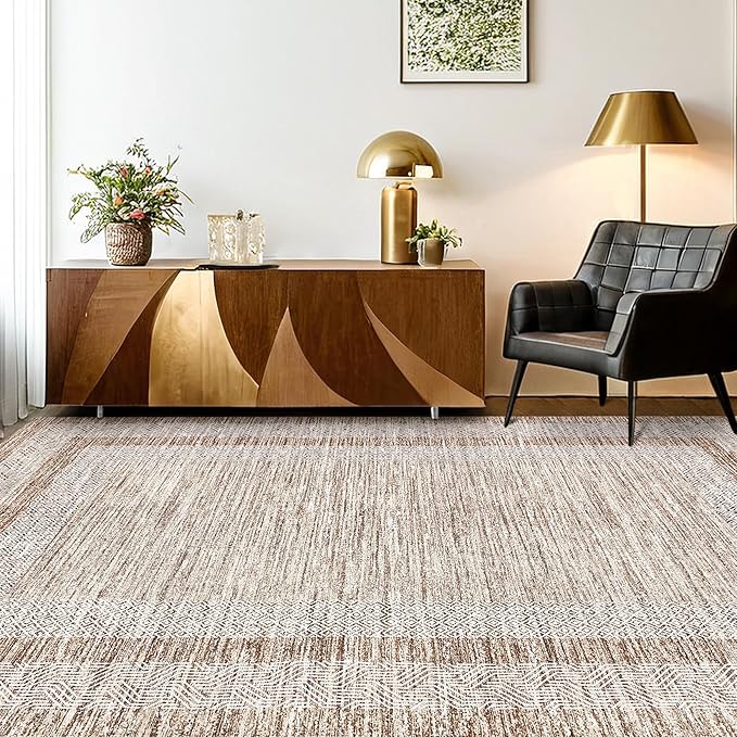 GarveeHome 6x9 Large Washable Area Rug Modern Bordered Rug Distressed Geometric Floor Carpet, Soft Non Slip Low Pile Non Shedding Rug, Indoor Brown for Bedroom, Living Room