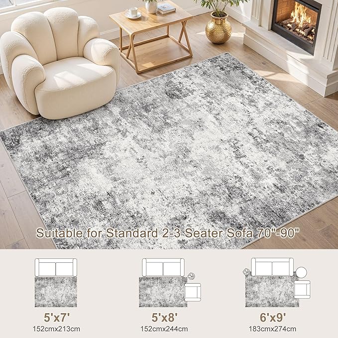 UERMEI 6x9 Area Rug Living Room Rugs - Washable Neutral Modern Abstract Soft Thin Rug Indoor Floor No Slip Rug Carpet for Bedroom Under Dining Table Home Office Decor - Grey