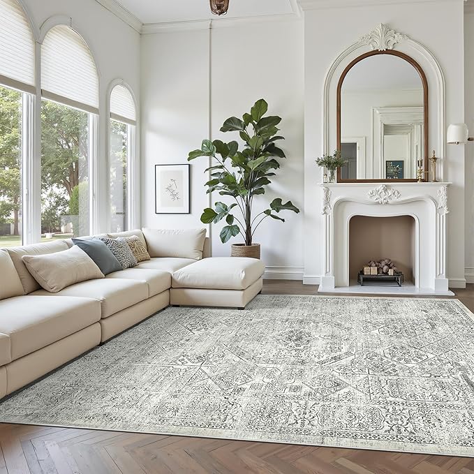 Washable Area Rug 8x10, Gray Soft Rug for Living Room Vintage 8x10 Area Rugs for Bedroom Dining Room Floral Non-Slip Thin Grey Rug
