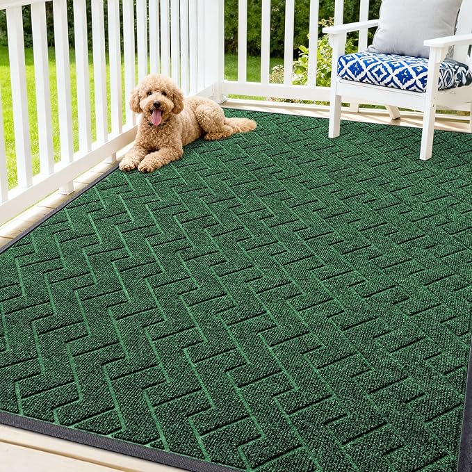 OLANLY Front Door Mat Indoor Outdoor Entrance, Waterproof All-Season, All-Weather Doormat, Sturdy Natural Rubber, Low Profile, Easy Clean Patio Porch Entryway Mat, Herringbone Brick (Green, 71x47)