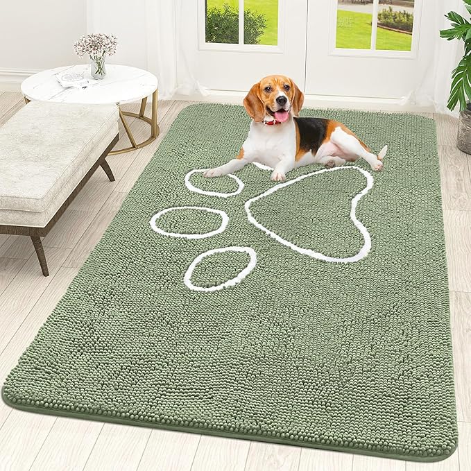 OLANLY Dog Door Mat for Muddy Paws 70x46, Paw Print Design, Absorbs Moisture and Dirt, Non-Slip Washable Doormat, Quick Dry Chenille Mud Mat for Dogs, Entry Indoor Entryway Carpet, Sage Green