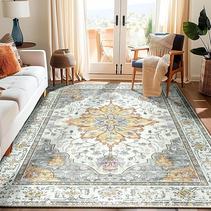 RELEANY Area Rugs 6'x9' Washable Non-Slip, Floral Vintage Distress Print Pattern Medallion Carpet for Living Room Bedroom Dining Room, Light Yellow Carbon Grey Orange