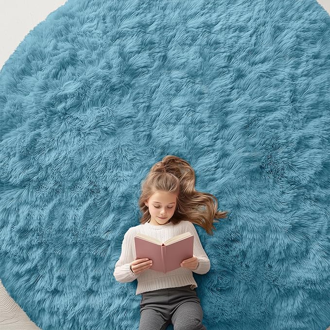 OLANLY Slate Blue Round Rugs for Bedroom - Machine Washable, 9 ft Circle Area Rugs for Living Room, Soft and Fluffy Shaggy Carpet for Teen Girl and Boys, Nursery Rooms, Dorms, Home Decor Aesthetic