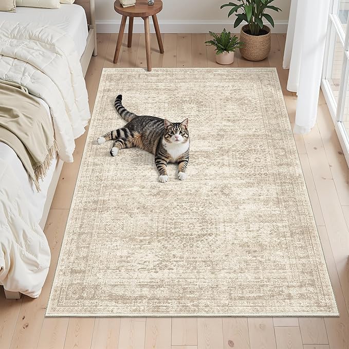 3x5 Rug, Small Area Rug for Kitchen, Entryway, Machine Washable Non-Slip Throw Rug, Vintage Carpet for Nursery Coffee Table Beige