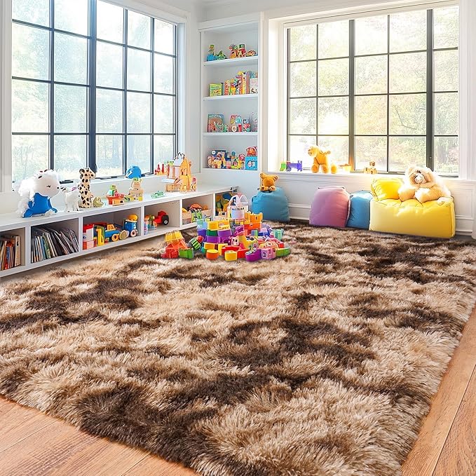 Pionblank Large Area Rug for Living Room 6x9 Feet, Modern Soft Shag Brown Rug, Plush Fuzzy Carpet for Bedroom Girls Boys Room Home Nursery Teens Dorm Decor, Tie-Dyed Coffee