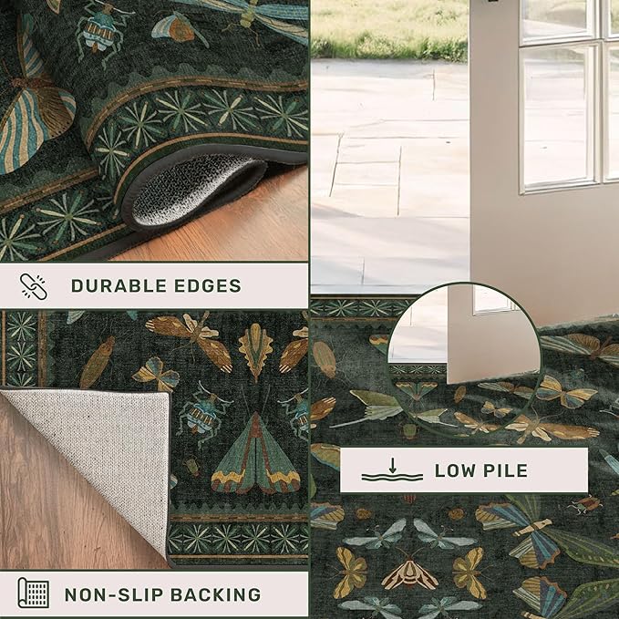 Hazo Haus Black and Green Rug 5x8 for Living Room - Dark Moody Rugs for Dining Room Table, Playroom, Home Office, Insect Floral Moth Décor, Washable Non Skid Foldable