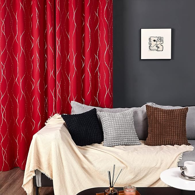 Deconovo Christmas Curtains, Red Drapes, Blackout Curtain, Thermal Insulated Soundproof Drape, Wave Line Dot Foil Print, 52 x 72 Inch, 2 Panels, Machine‑Washable Window Panel for Party Living Room
