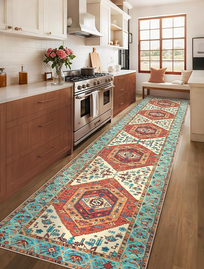 SERISSA Runner Rug for Hallways, 2'6"x14' Washable Non Slip Kitchen Runner Rug, Extra Long Boho Rug Ultra Soft Vintage Orange Print Floor Carpet for Bedroom Hallway Entryway Bathroom Laundry Room