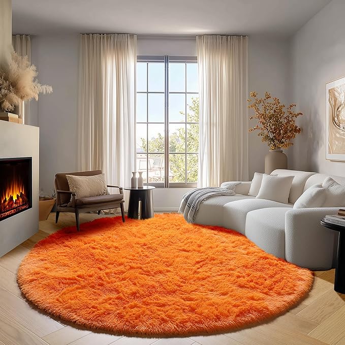 ONASAR Orange Round Rugs 5ft for Bedroom Living Room, Fluffy Circle Area Rug for Kids Girls Boys Teen, Soft Plush Shaggy Carpet for Nursery Dorm Classroom Playroom Home Decor Aesthetic