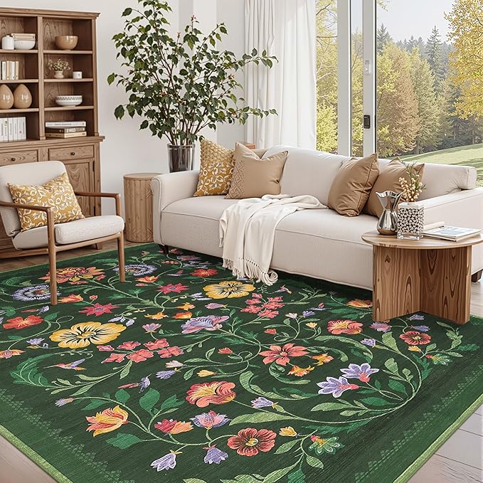 Washable Rug 9x12 Area Rugs for Living Room, Protea Floral Rug for Bedroom, Soft Vintage Non Slip Throw Rugs with Rubber Back, Low Pile Stain Resistant Boho Floral Carpet for Dining Room, Forest Green