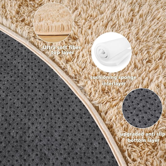 6‘x6’ Beige Round Rug for Bedroom, Ultra Soft Fluffy Circle Rug for Kids Girls Boys Room, Cute Shag Rugs for Living Room Playroom Tent Castle Home Decor Rug