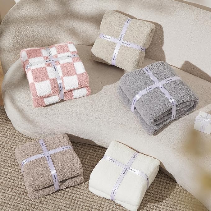 Bedsure GentleSoft Pink Checkered Throw Blanket for Couch - Soft Cozy Fluffy Blanket, Lightweight Warm Knit All Season Plaid Blankets for Bed Sofa, Birthday, for Women, 50x60 Inches