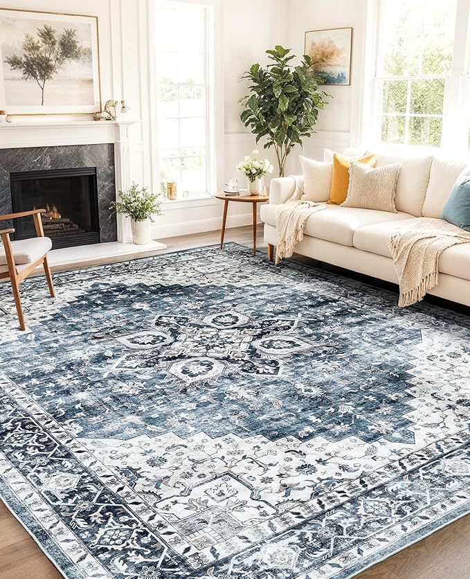 AMADA HOMEFURNISHING 8x10 Washable Area Rug, Low-Profile with Non-Slip Backing & Durable Edge Binding, Vintage Large Rugs for Living Room, Bedroom, Dining Room, Blue