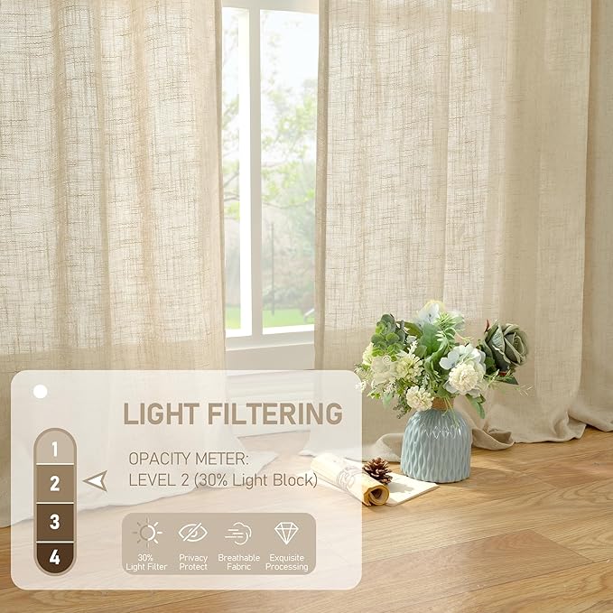 LAMIT Linen Curtains 84 inch Length for Living Room, Light Filtering Semi Sheer Panels Back Tab and Rod Pocket Neutral Drapes for Bedroom, Linen, 2 Panels, 34 x 84 Inch