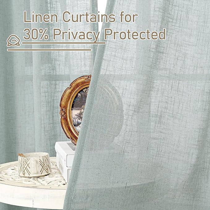 LAMIT Semi Sheer Linen Curtains 54 Inch Length 2 Panels, Greyish Blue Light Filtering Panels Back Tab and Rod Pocket Neutral Drapes for Kitchen/Window/Dining Room, 52 x 54 Inch