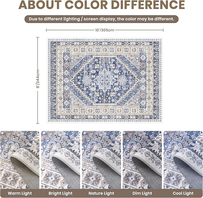 zesthome 8x10 Area Rugs for Living Room,Non-Slip Backing Washable Rugs,Vintage Large Area Rug,Stain Resistant Home Decor Rug (Blue/Beige,8'x10')