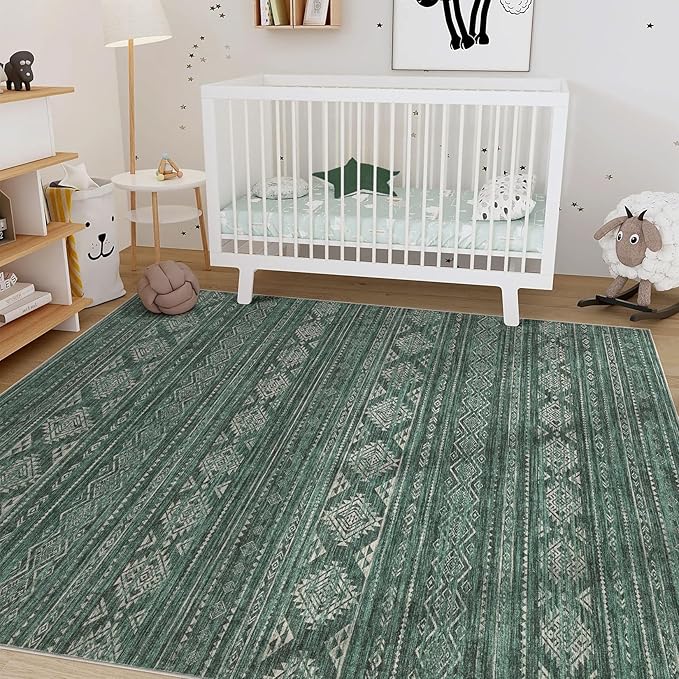 Nakagishi Area Rugs 9x12 Living Room: Washable Boho Large Neutral Modern Soft Farmhouse Green Rug Stain Resistant Indoor Floor Non-Slip Carpet for Women Home Enthusiasts Aged 25-45 - Bedroom Room