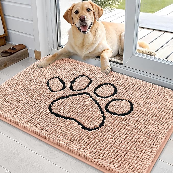 OLANLY Dog Door Mat for Muddy Paws 36x24, Paw Print Design, Absorbs Moisture and Dirt, Absorbent Non-Slip Washable Doormat, Quick Dry Chenille Mud Mat for Dogs, Entry Indoor Entryway Carpet, Peach