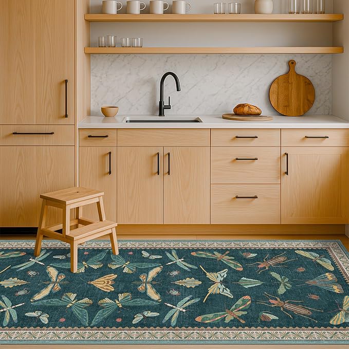Hazo Haus Brown and Green Kitchen Sink Runner Rug 2x6 - Teal Boho Bathroom Rugs for Entrance Indoor, Insect Print Floral Vintage, Washable Non Skid Stain Resistant