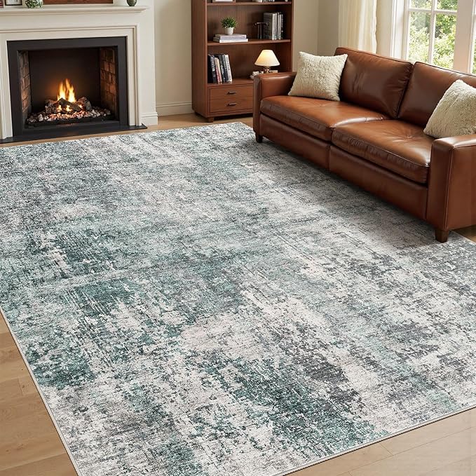 UERMEI 10x12 Area Rug Living Room Rugs - Washable Neutral Modern Abstract Soft Thin Large Rug Indoor Floor No Slip Rug Carpet for Bedroom Under Dining Table Home Office Decor - Green/Grey