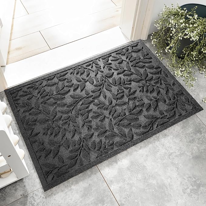 Grey Leaves Outdoor Indoor Entrance Doormats, Absorbent Durable Heavy Duty Welcome Front Door Mat,Thick Natural Rubber Back,Easy Clean Entryway Mat 23x35 Inch, Low Profile