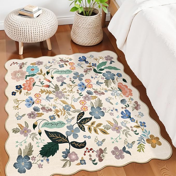 Floral Square Area Rugs for Family: Washable 5x5 Scalloped Carpet for Living Room Bedroom Soft Water Resistant Floor Mat with Non Slip Backing for Kitchen Nursery Dorms Farmhouse Home Decor(5x5,Cream)