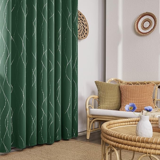Deconovo Green Curtains, Christmas Blackout Drapes, Thermal Insulated Soundproof Drape, Wave Line Dot Foil Print, 52 x 95 Inch, 2 Panels, Machine‑Washable Window Panel for Living Room Kitchen Nursery