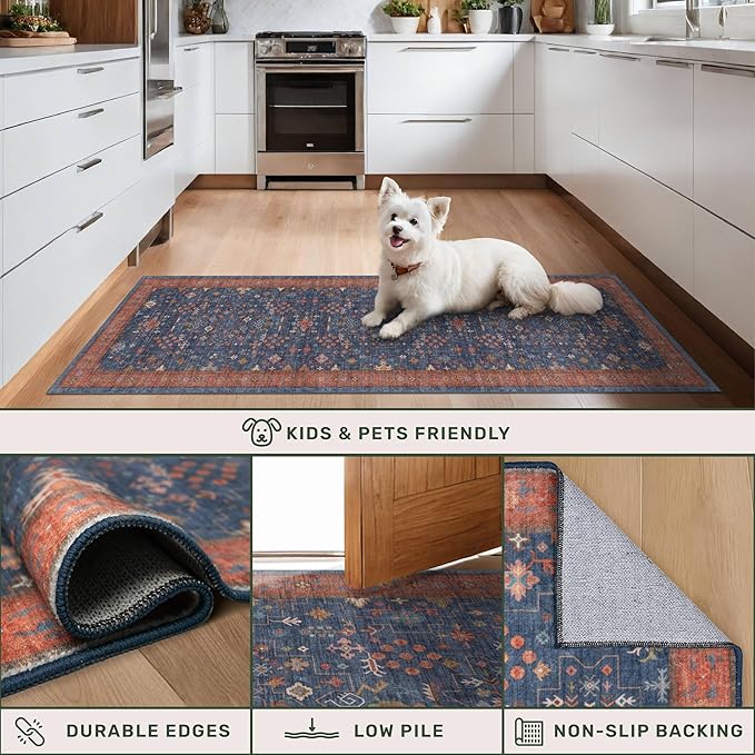 Hazo Haus Dining Room Rugs for Under Table - 6x8 Washable Area Rug for Living Room, Low Pile Non-Slip Rugs for Bedroom - Navy Blue & Terracotta Vintage Boho Eclectic Home Decor