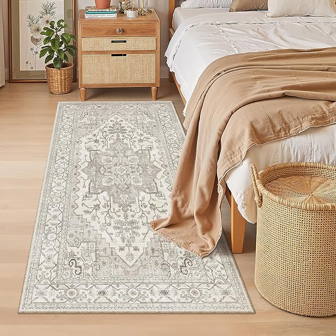 Madane Hallway Runner Rug 3x6 - Washable Kitchen Rugs Entryway Rug Runner Vintage Soft Floor Mat Non Slip Indoor Farmhouse Carpet for Bathroom Living Room Bedroom (3 X 6, Beige/Brown)