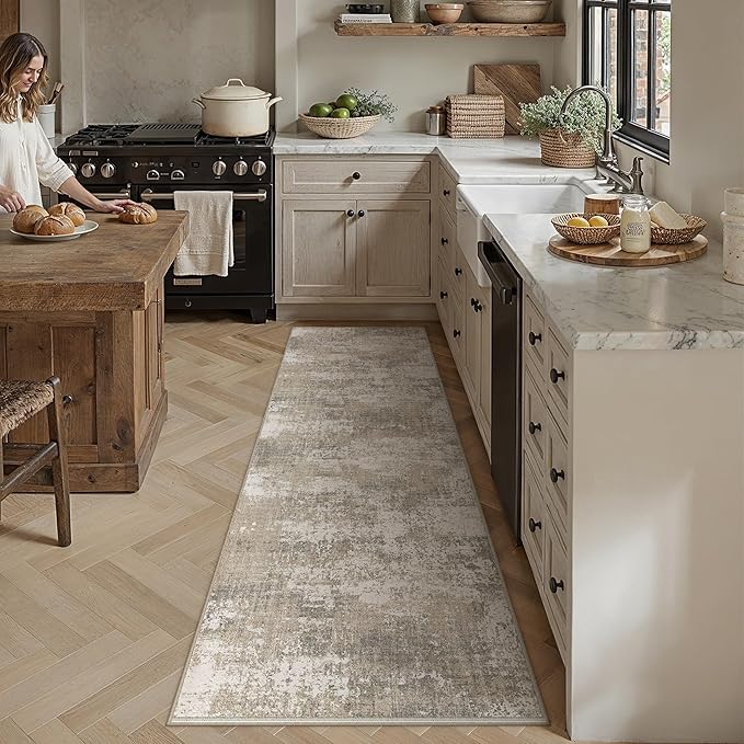 PureCozy Runner Rug 2x6 Beige Machine Washable Modern Abstract Hallway Carpet Non Slip Neutral Long Carpet Low Pile Soft Non Shedding Contemporary Rug for Bathroom Laundry Kitchen Bedroom