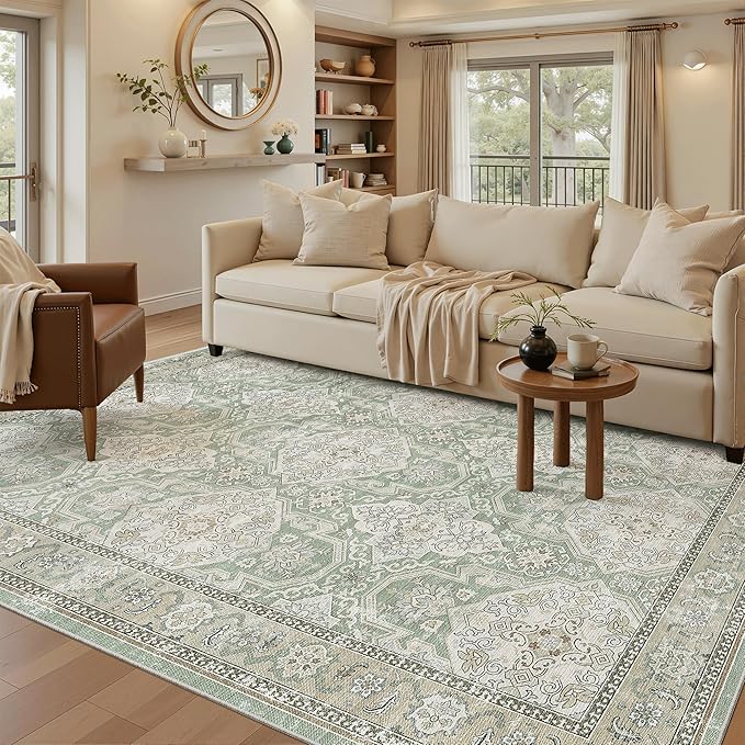 6x9 Area Rug for Living Room Washable 6x9 Rug Non-Slip Modern Rugs for Bedroom Dinning Room Ultra-Thin Indoor Green/Brown Rug
