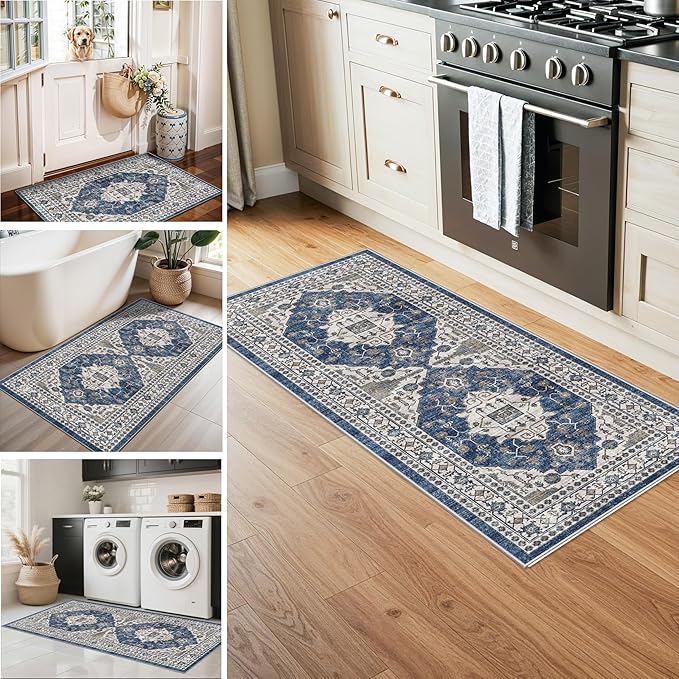 Washable 4-Piece Kitchen Floor Mats: Farmhouse Non-Slip Kitchen Sink Rug Easy Clean Water-Resistant Runners for Hallway Bathroom Soft Decorative Carpet for Pet Feeding Area(2x3+2x4+2x5+2x6,Blue)