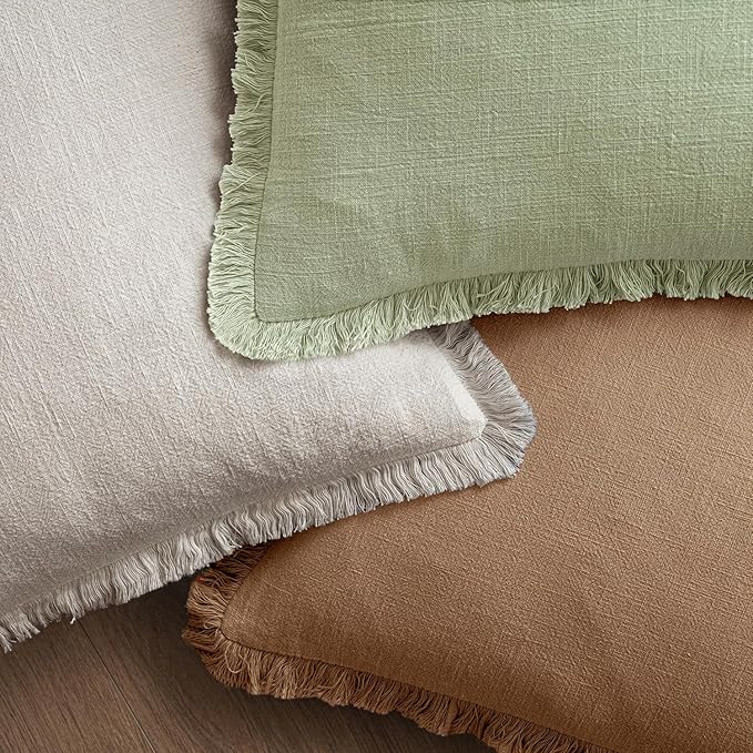MIULEE Decorative Throw Pillow Covers Neutral Linen Fringe Throw Pillows Euro Shams Set of 2 Sage Green Boho Farmhouse Cushion Covers for Couch Sofa Bed Living Room Spring Home Decor 24x24 Inch