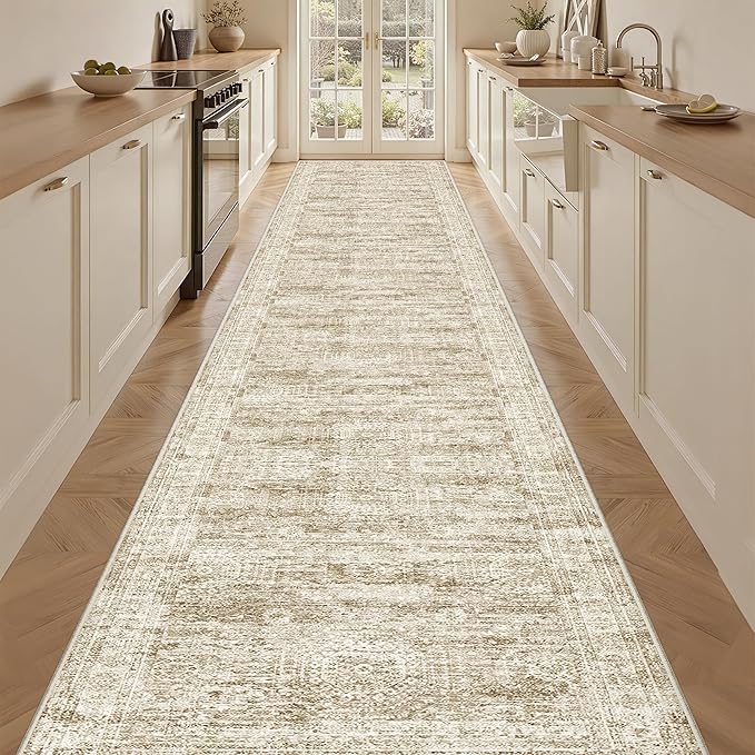 3x18 Washable Runner Rug for Hallway, Non-Slip Long Hallway Runner for Entryway, Soft Vintage Kitchen Mats for Floor, Abstract Dining Room, Bedroom, Living Room Rugs(3'x18', Brown/Ivory)