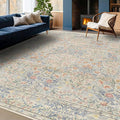 8x10 Washable Rug for Living Room - Stain Resistant Dining Room Rugs for Under Table, Soft Low Pile Large Carpet for Bedroom - Vintage Floral Non-Slip (8x10 Beige Blue)