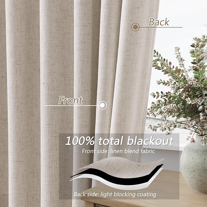 Guken 100% Blackout Curtains 102 Inch Length 2 Panels Set for Living Room Bedroom Back Tab Thermal Insulated Black Out Linen Drapes Room Darkening Window Curtains 102 Inches Long, Sand Beige