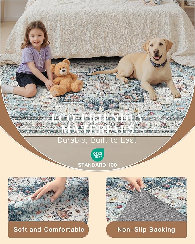Madane Blue Runner Rug, 2x5, Low-Pile, Non-Slip, Washable, Stain Resistant, Retro, Machine-Made, Microfiber, Floral, Kitchen, Living Room, Bedroom, Laundry Room
