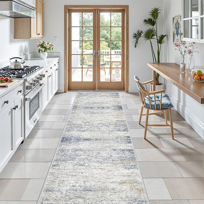 Rug Runners for Hallways Non Slip - 2x8 Runner Rug for Bedroom, Washable Runner with Rubber Backing, Soft Low-Pile Carpet for Kitchen, Laundry, Bathroom (2'x8', Blue/Brown/Ivory)