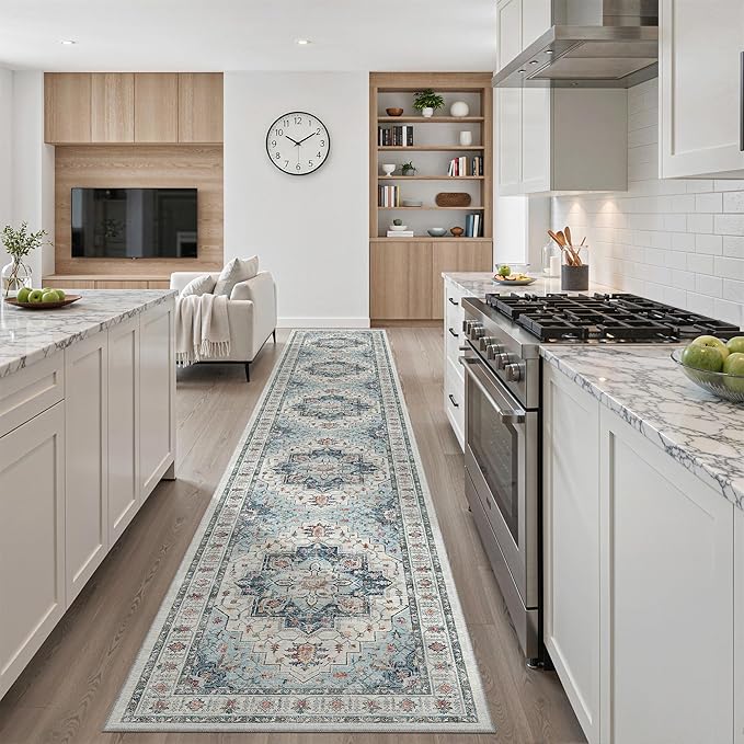 Madane Hallway Runner Rug 2'6''x16' Kitchen Runner - Non Slip Vintage Runners for Hallways Washable Kitchen Rugs Soft Low Pile 2.5x16 ft Rug Runner for Laundry Room, Entryway and Bedroom, Blue