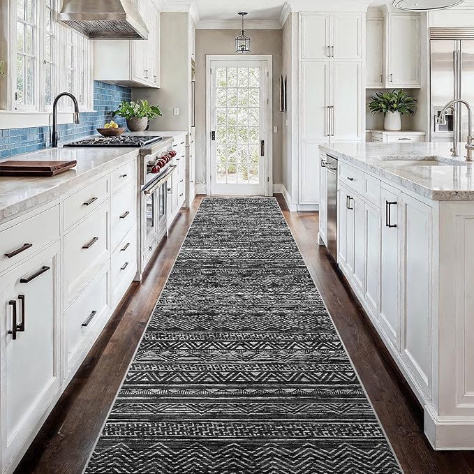 3x18 Washable Kitchen Runner Rug: Modern Moroccan Runners for Hallway Soft Non Slip Rugs with Rubber Backing Low Pile Thin Waterproof Floor Carpet for Entryway Bedroom Bathroom Indoor 3x18 Black