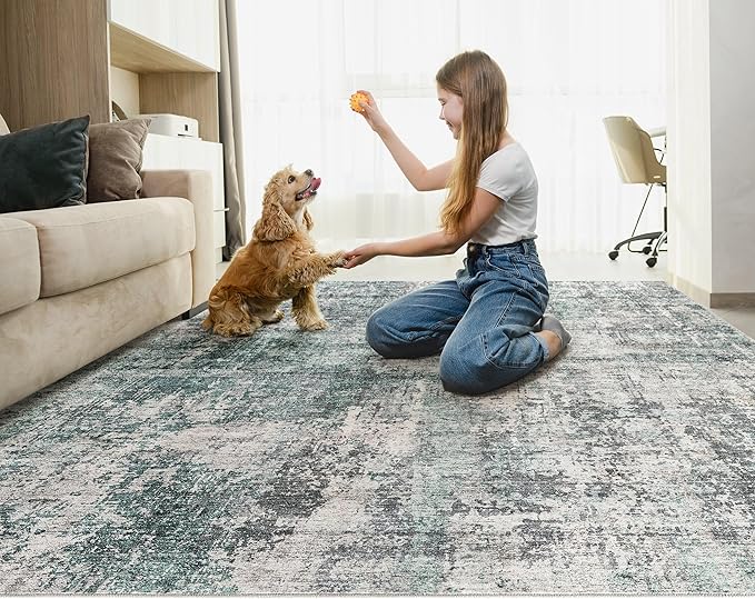 UERMEI 8x10 Area Rug Living Room Rugs - Washable Neutral Modern Abstract Soft Thin Large Rug Indoor Floor No Slip Rug Carpet for Bedroom Under Dining Table Home Office Decor - Green/Grey