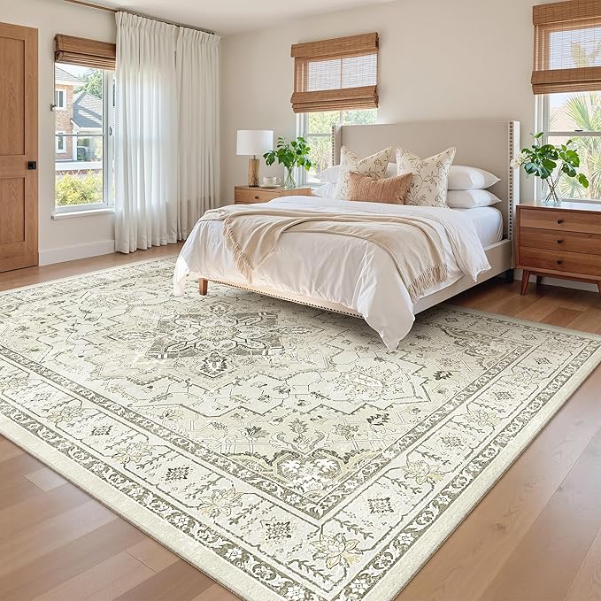 zesthome Area Rug 8x10,Ultra-Thin Washable Rugs for Living Room, Non-Slip Backing Area Rugs,Small Entryway Rug,Vintage Medallion Pattern Rugs (Beige,8'x10')