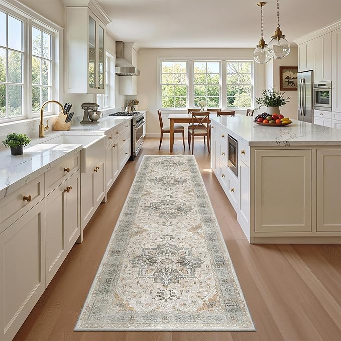 Madane Hallway Runner Rug 2x12, Long Washable Runner Rugs 12ft with Rubber Backing, Non Slip Carpet Runner, Vintage Rug Runners for Kitchen Laundry Room Entryway (Light Taupe Brown, 2'x12')