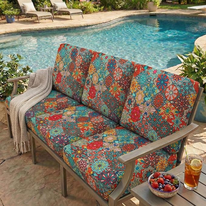 hyha Printed Couch Cushion Covers, Floral Sofa Covers Washable for 3 Cushion Couch, Stretch Pattern Outdoor Cushion Covers for Patio Furniture with Elastic Bottom(3 Packs, Diamond Mandala)