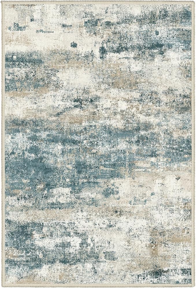 2x3 Rugs for Entryway Entrance Kitchen Bathroom, Machine Washable Modern Abstract Soft Area Rug, Low Pile Indoor Floor Carpet with Non Slip Backing, Navy Beige