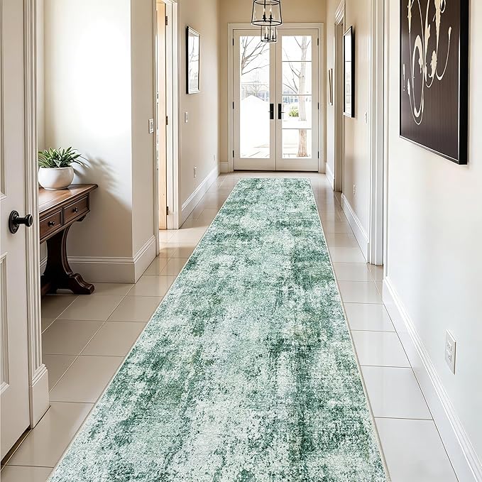 3x12 Washable Hallway Runner Rug: Non Slip Carpet Runners Easy-to-Clean - Soft Living Room Bedroom Kitchen Rugs - Thin Low Pile Printed Floor Mat for Dining Room Neutral Green