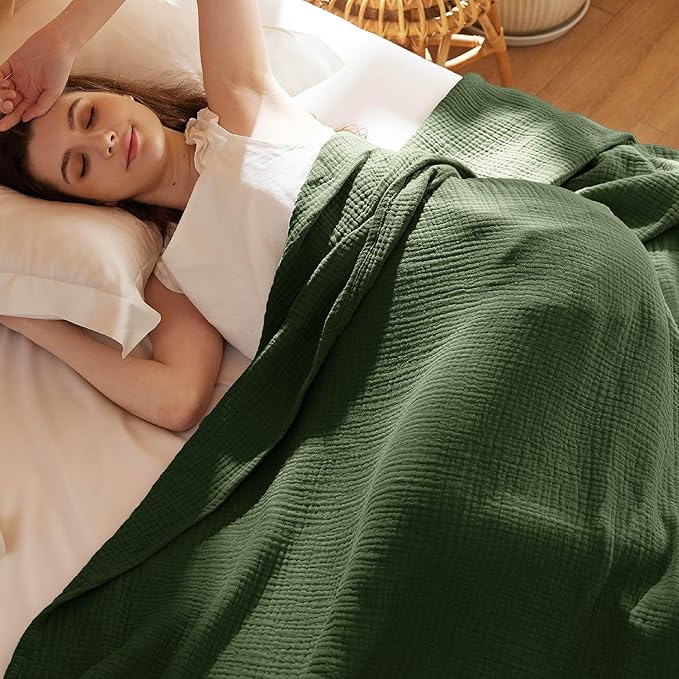 Bedsure 100% Cotton Muslin Blanket Queen Size for Bed - 4-Layer Breathable and Lightweight Thin Soft Summer Gauze Muslin Blankets for Adults, Olive Green, 90x90 Inches